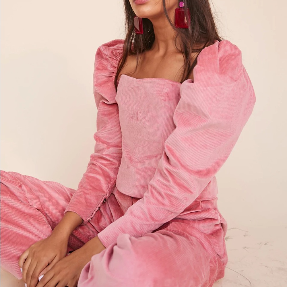LPA pink Corduroy Zip Up Bustier long puffy puff sleeve square neck top - Picture 5 of 15
